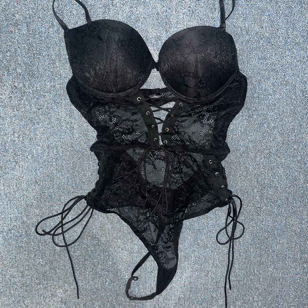 Black Lace Bustier Teddy with Lace-Up Detail - Women's Intimates